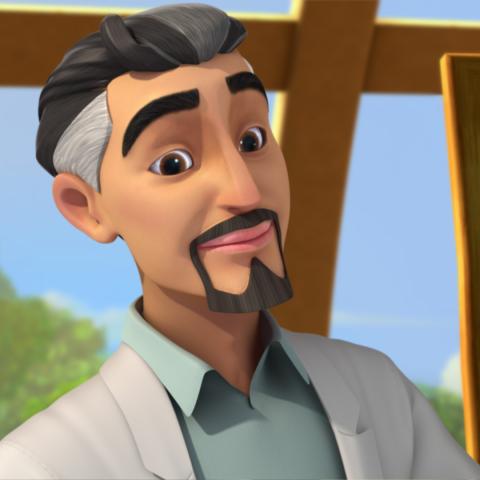 Professor Quantum standing at his chalkboard